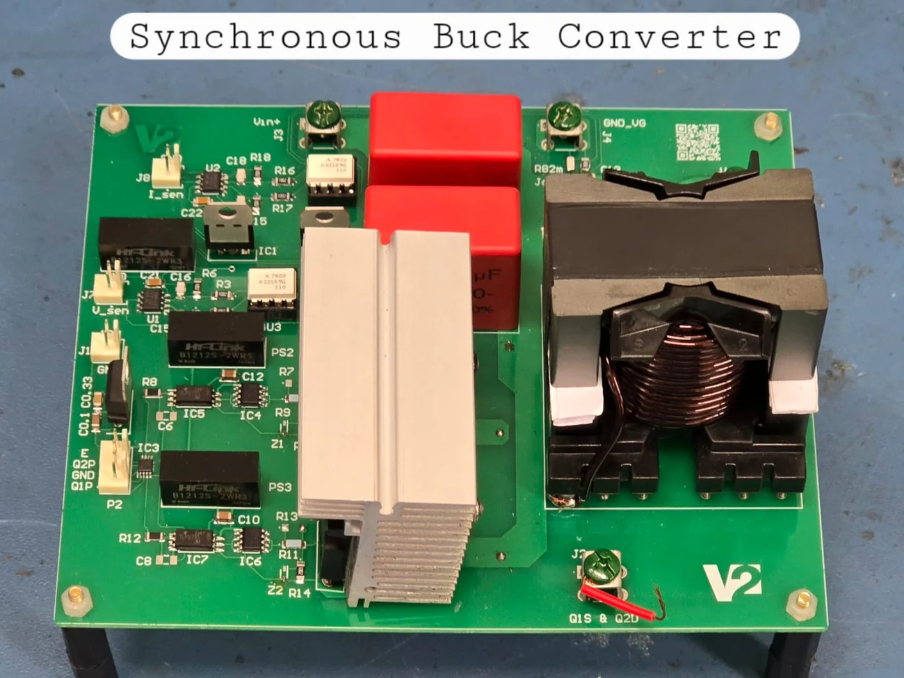 Synchronous buck converter PCB with a hand-wound inductor and heat sink